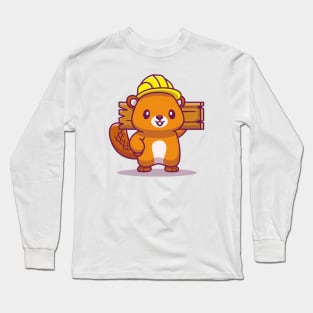 Cute Beaver Handyman Holding Wood Long Sleeve T-Shirt